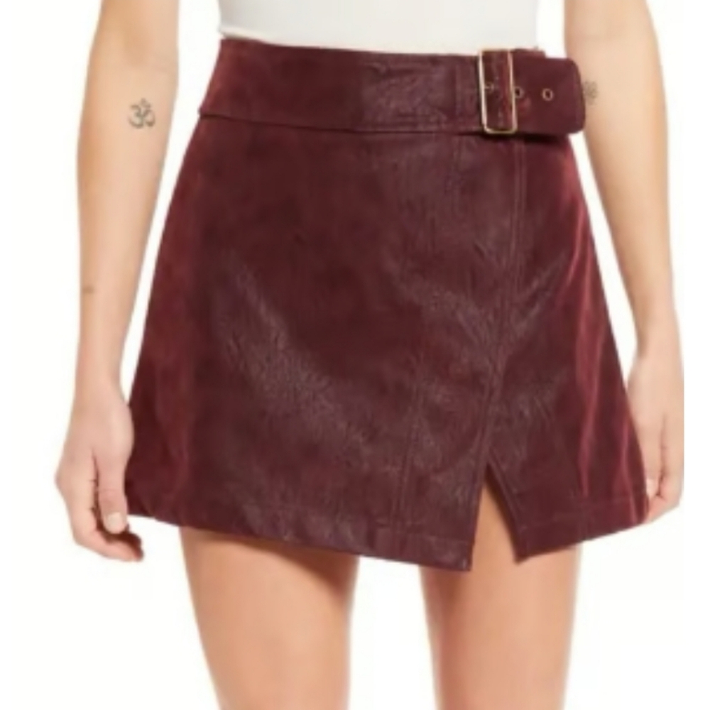 C&V Womens Hi Rise Belted Burgundy Wrap Faux Suede Mini Skirt sz XL